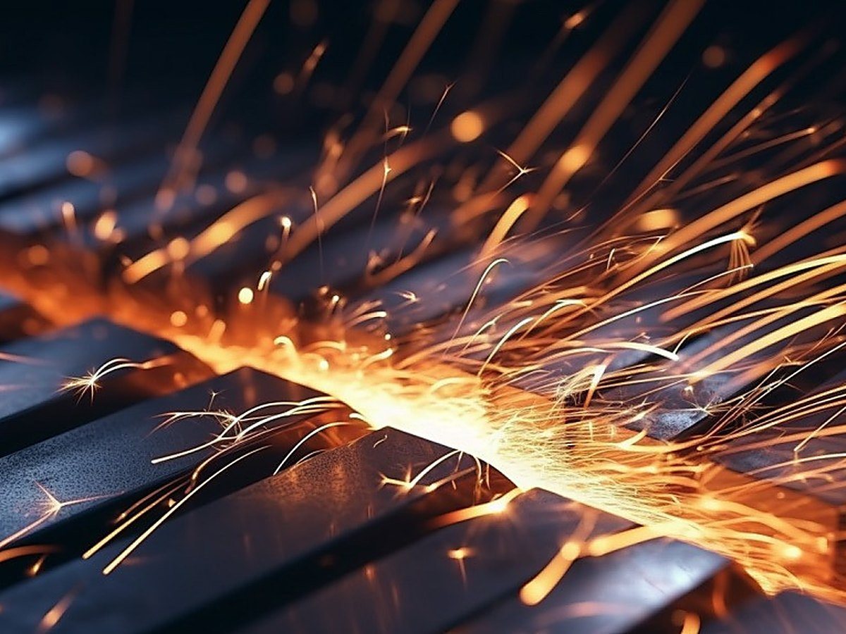 Sparks from a laser weld running along steel plate